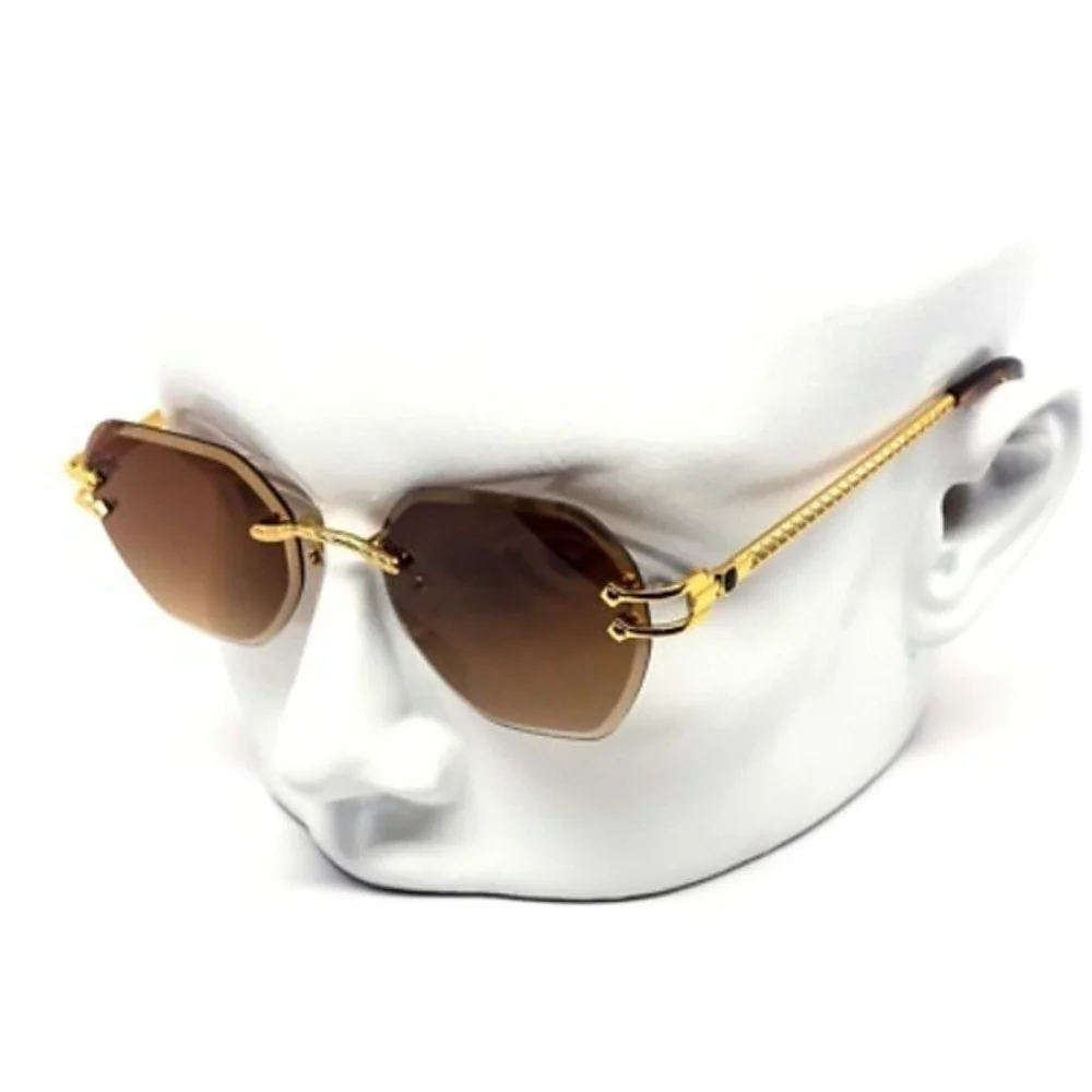 Sunglasses Brown Lens Rimless Gold Diamond Cut Elegant Fashion Designer Women